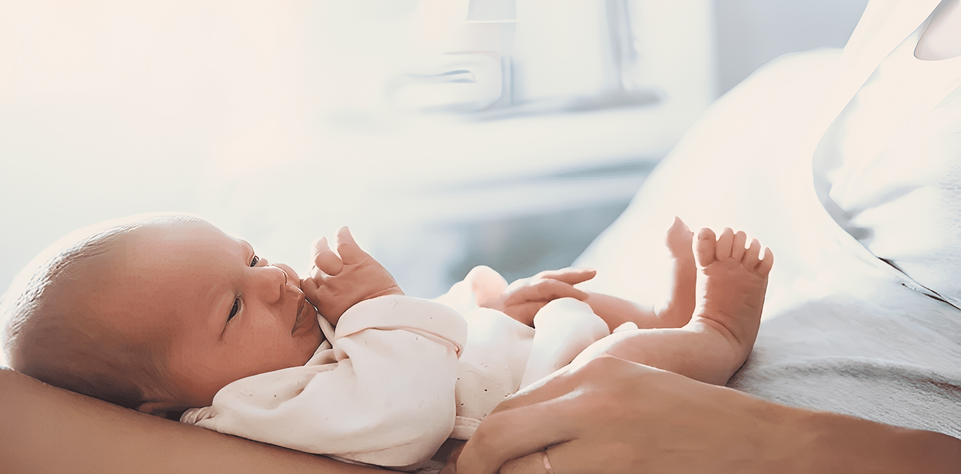 Newborn baby resting in parent's arms.