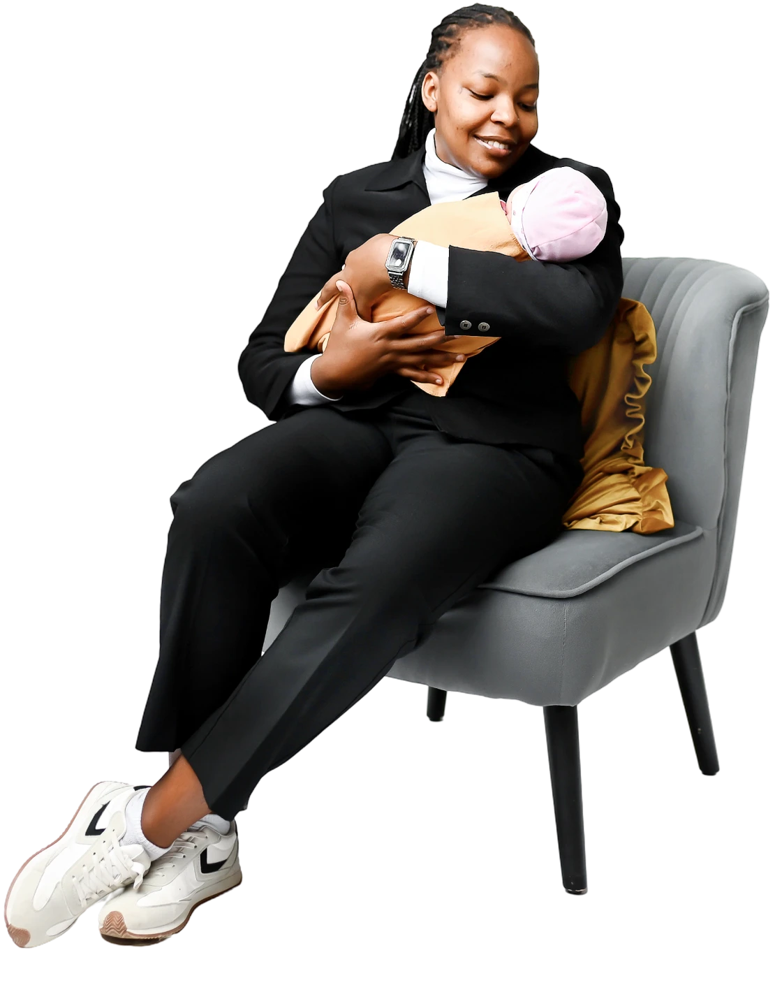 Smiling woman with baby in arms